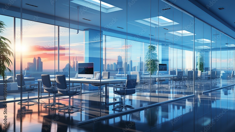 Fototapeta premium Contemporary glass partitions separating workstations, balancing privacy with an open, transparent atmosphere. Painting Illustration style, Minimal and Simple,