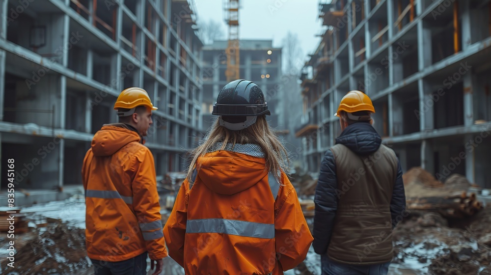 team of specialists taking a walk through construction site real estate building project with senior civil engineer architect general worker discussing planning .stock photo team of specialists taking a walk through construction site real estate building project with senior civil engineer architect general worker discussing planning .stock photo