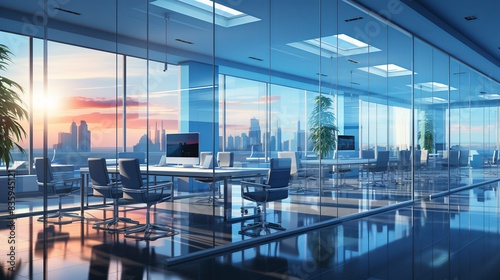 Contemporary glass partitions separating workstations, balancing privacy with an open, transparent atmosphere. Painting Illustration style, Minimal and Simple,