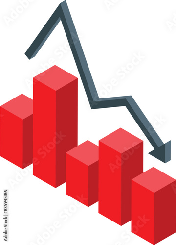 3d isometric illustration of declining graph chart with red and grey vector bars representing business finance data loss and downward trend in sales and market recession for economic performance analy