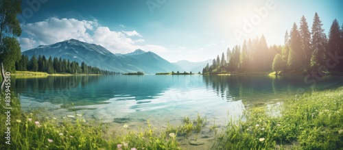 clear lake with fresh green grass. Creative banner. Copyspace image