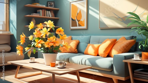 Dynamic color schemes incorporating energizing hues like orange and yellow, boosting mood and motivation. Painting Illustration style, Minimal and Simple,