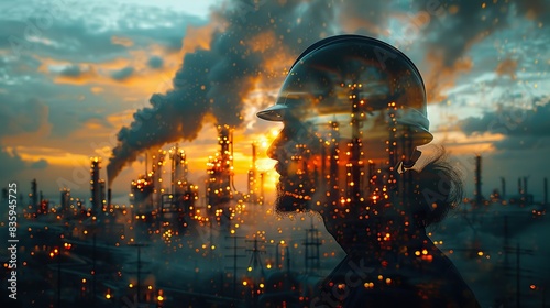 double exposure of engineer with safety helmet with oil refinery industry plant background .hight relustion photo
