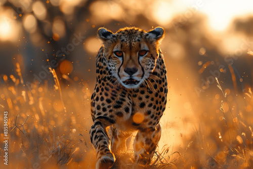 cheetah running in Kruger National Park with the Savannah trees in the background, generative ai