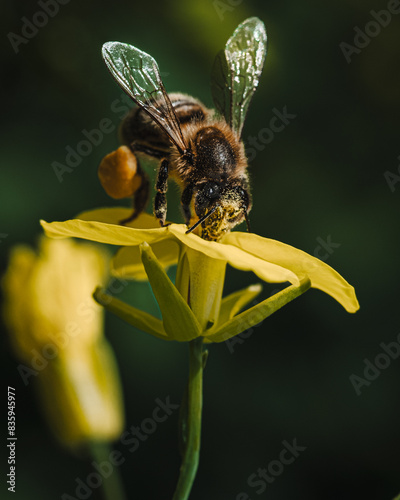 Bee gathering pollen on Canola Plant on Farm photo