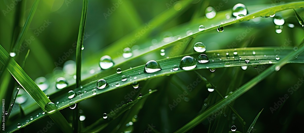 Large drops of dew on the grass on a dark green background Macro shot. Creative banner. Copyspace image Large drops of dew on the grass on a dark green background Macro shot. Creative banner. Copyspace image