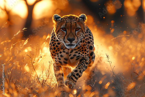 cheetah running in Kruger National Park with the Savannah trees in the background, generative ai