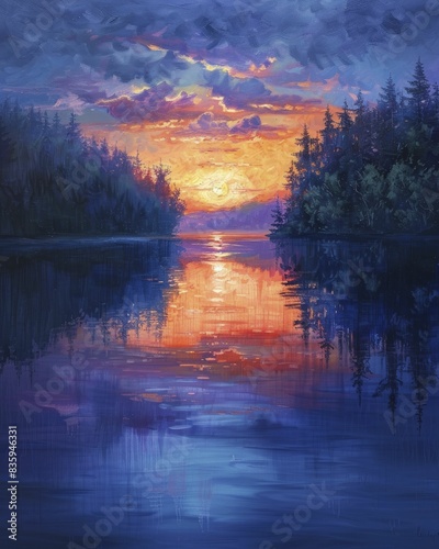 Reflections of sunsets painting new narratives  a serene lakeside view with a beautiful sunset mirrored in the water  embodying peace and charm  picturesque style.
