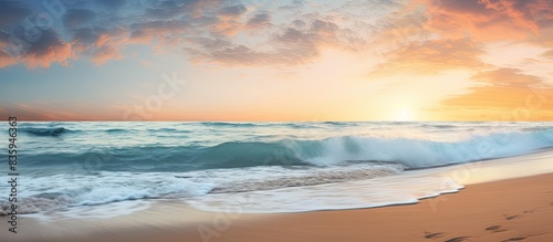 Closeup of sand on beach and blue summer sky Panoramic beach landscape Empty tropical beach and seascape Orange and golden sunset sky soft sand calmness tranquil relaxing sunlight summer mood