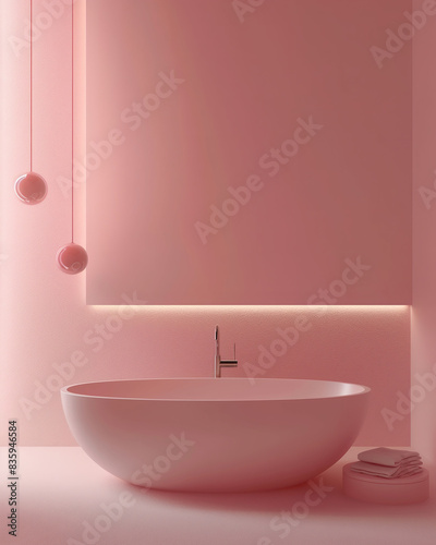 pink minimal bathroom with bathtub, front view, closeup, soft lighting, modern style, geometric shapes