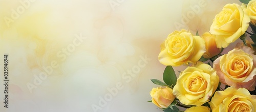 Bunch of flowers roses fresh bright yellow beautiful blooming on floral background. Creative banner. Copyspace image