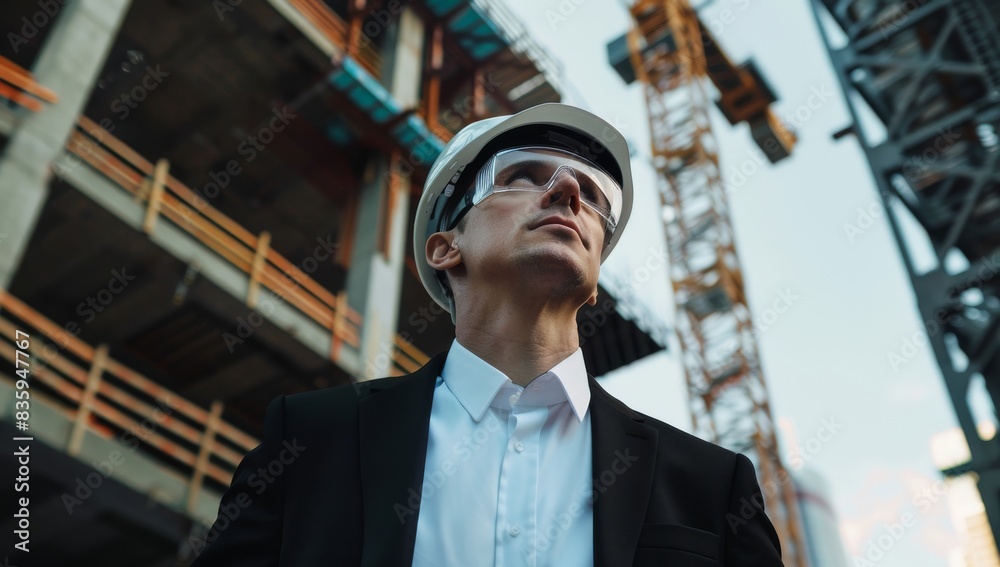 A handsome male engineer wearing a black suit and white helmet with safety glasses is standing on a construction site. Authoritative Executive: Businessman Directing Building Development