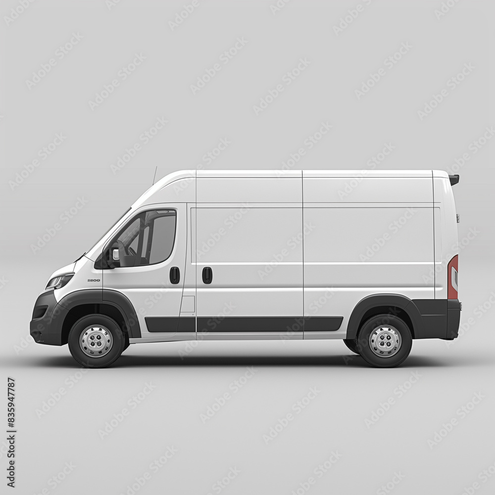 White Delivery Van, Side Profile, Perfect for Cargo Transport, Logistics, and Business Branding, Blank Background, Mockup