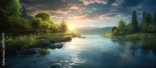 The sun glitters on the river. Creative banner. Copyspace image