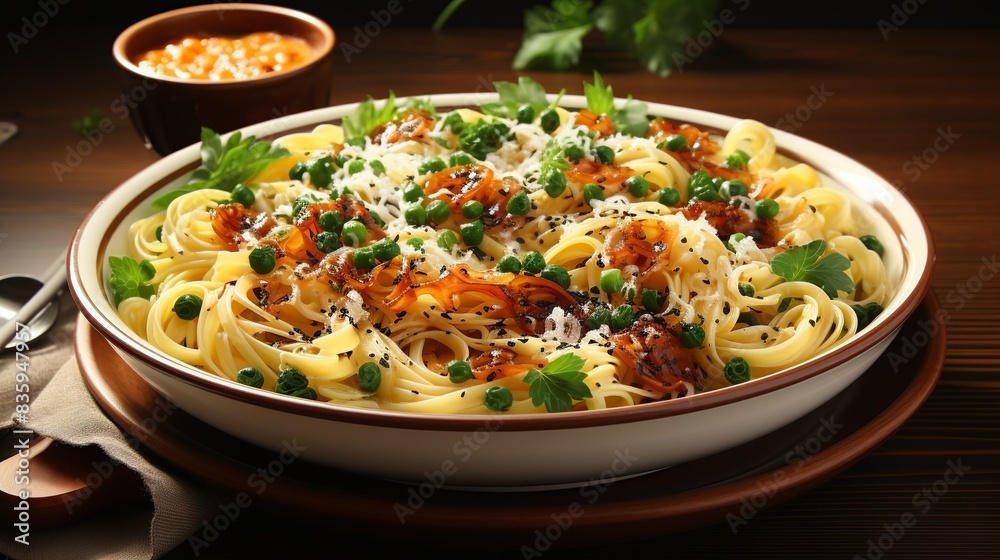 Rich and creamy bowl of pasta carbonara garnished with freshly grated Parmesan cheese and cracked black pepper. Painting Illustration style, Minimal and Simple, Rich and creamy bowl of pasta carbonara garnished with freshly grated Parmesan cheese and cracked black pepper. Painting Illustration style, Minimal and Simple,