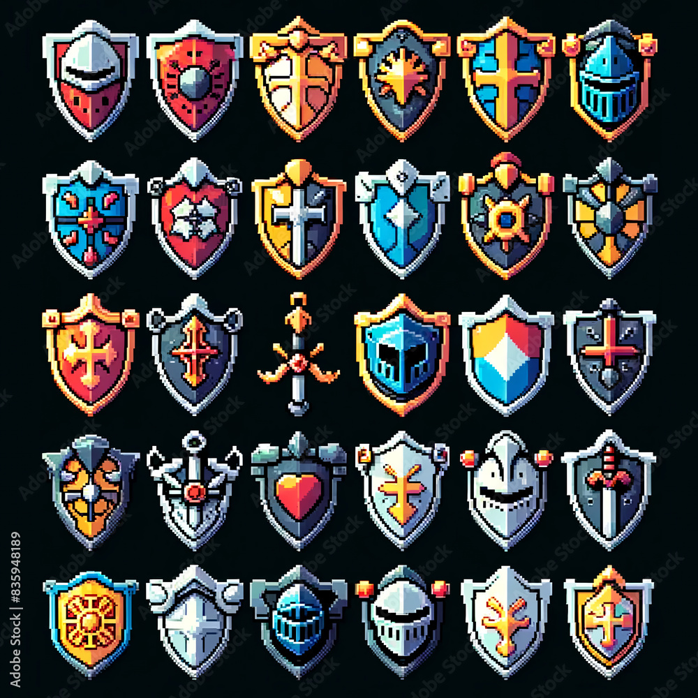 Pixel art RPG knight shields collection Pixel art RPG knight shields collection