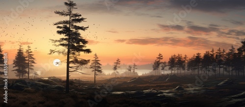 Landscape cold sunset behind the treetops. Creative banner. Copyspace image