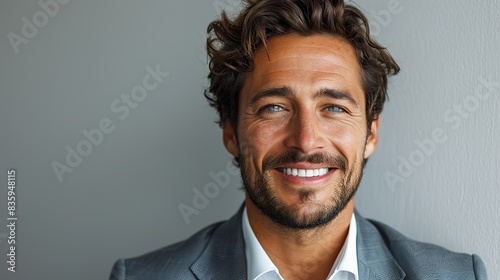 portrait of handsome caucasian man in formal suit looking at camera smiling with toothy smile isolated in white background confident businessman ceo boss freelancer manager .stock photo