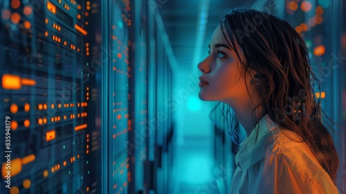 Young woman analyzing server data in a futuristic technology environment, highlighting modern data center infrastructure. © Pairat