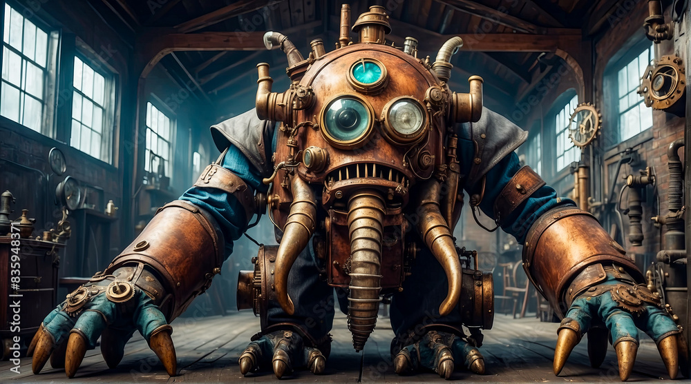 Steampunk style. Industrial mechanical monster made of metal and leather. Supernatural being.