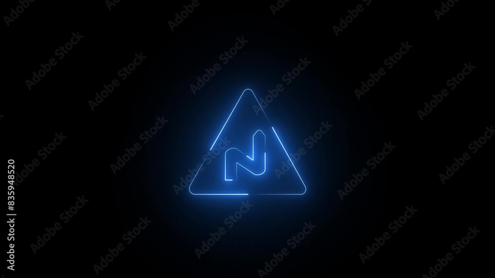 Neon triangular road sign animation. Glowing curves road sign. Triangle warning road sign. Road warning sign. Neon triangular road sign animation. Glowing curves road sign. Triangle warning road sign. Road warning sign.