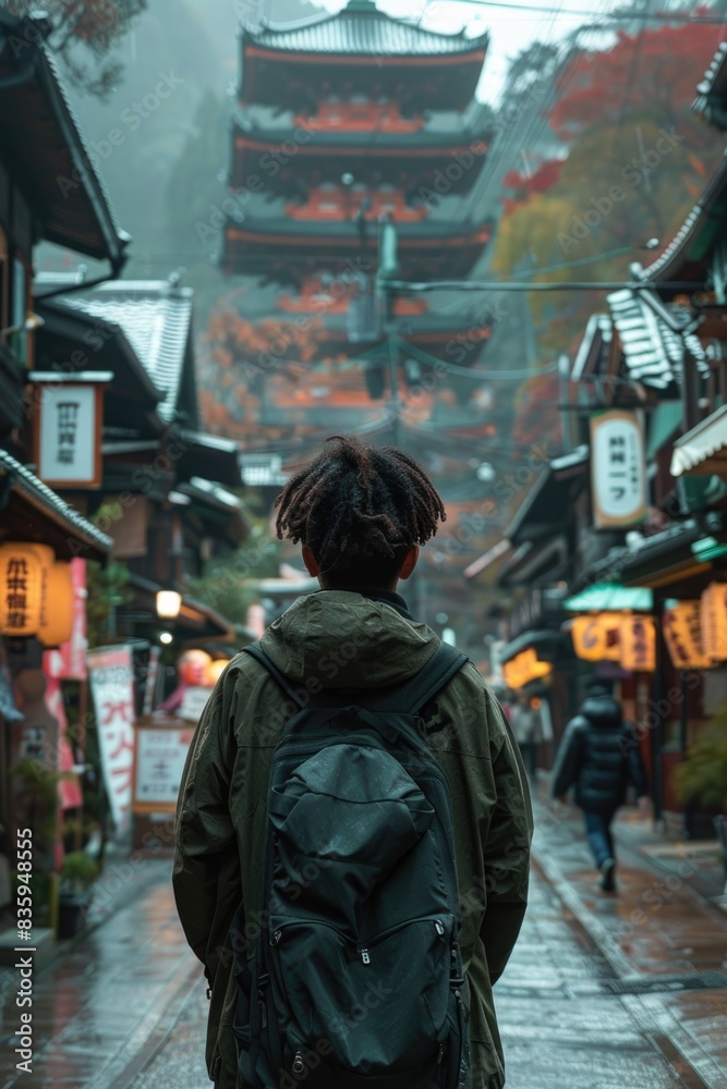 Fototapeta premium man traveling in traditional japanese city Kyoto in momiji season. ai generated