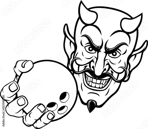 A devil or satan ten pin bowling sports mascot cartoon character holding a ball