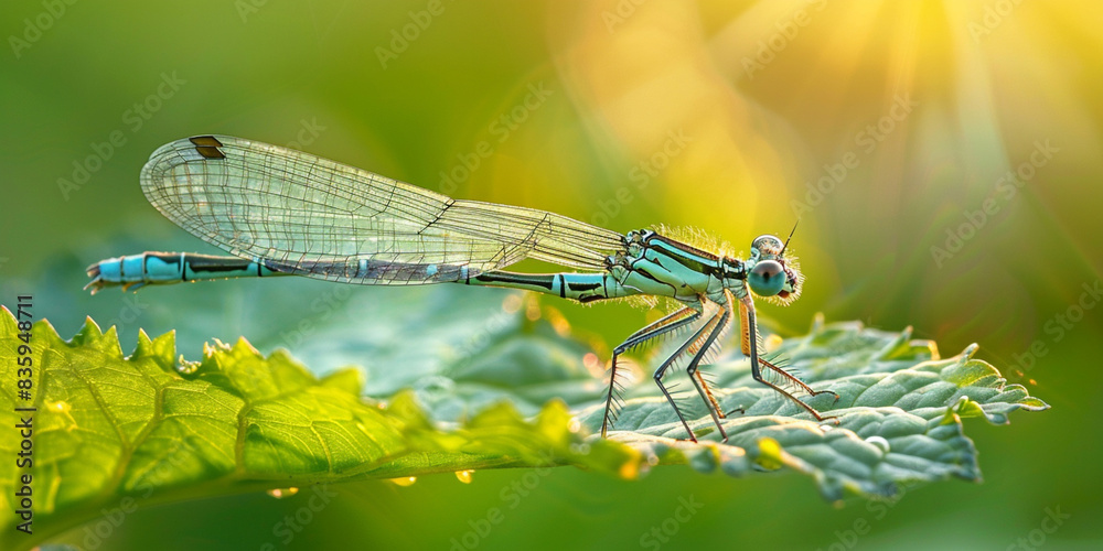 A dragonfly with a red and yellow stripes on its wings with sunshine background A dragonfly with a red and yellow stripes on its wings with sunshine background
