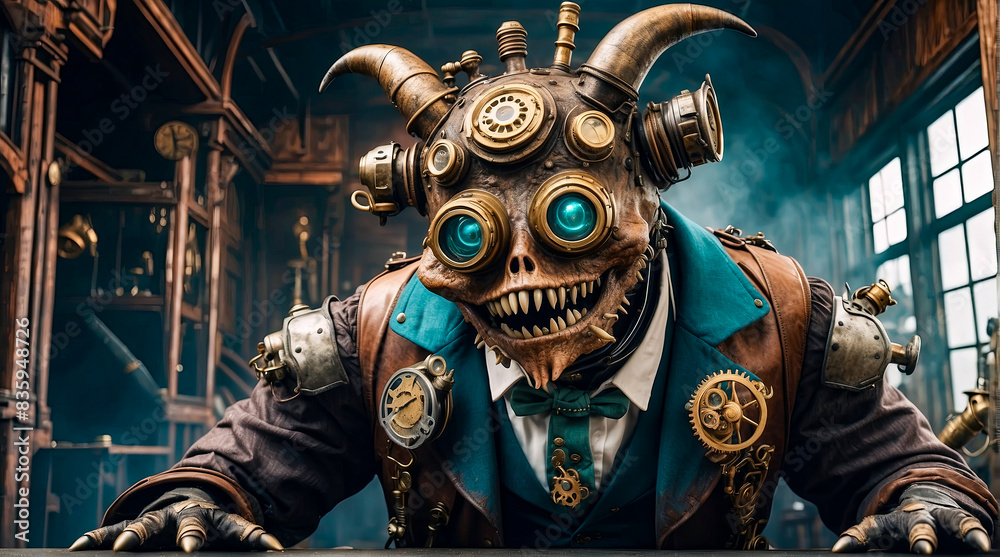 Fototapeta premium Steampunk style. Industrial mechanical monster made of metal and leather. Supernatural being.