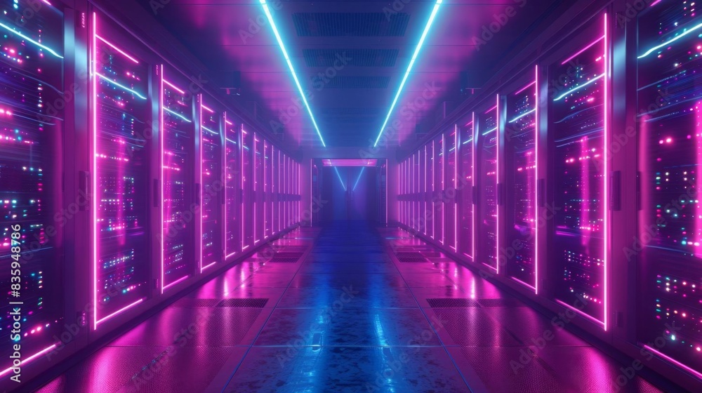 Modern data center with vibrant neon lights illuminating futuristic server racks in a symmetrical perspective, showcasing advanced technology. Modern data center with vibrant neon lights illuminating futuristic server racks in a symmetrical perspective, showcasing advanced technology.
