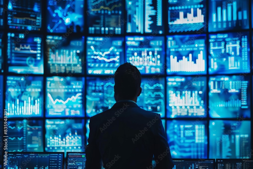 Man analyzing stock market data on multiple screens, financial trading and investment concept, dark office with blue illuminated charts. Man analyzing stock market data on multiple screens, financial trading and investment concept, dark office with blue illuminated charts.