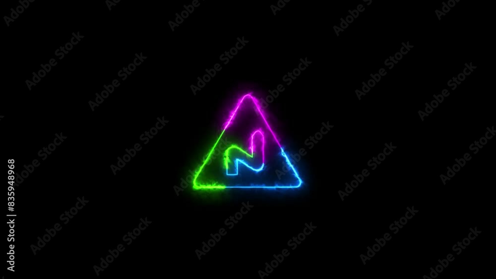 Neon glowing UK road sign animation on the black background. Neon triangular road sign animation. Neon glowing UK road sign animation on the black background. Neon triangular road sign animation.