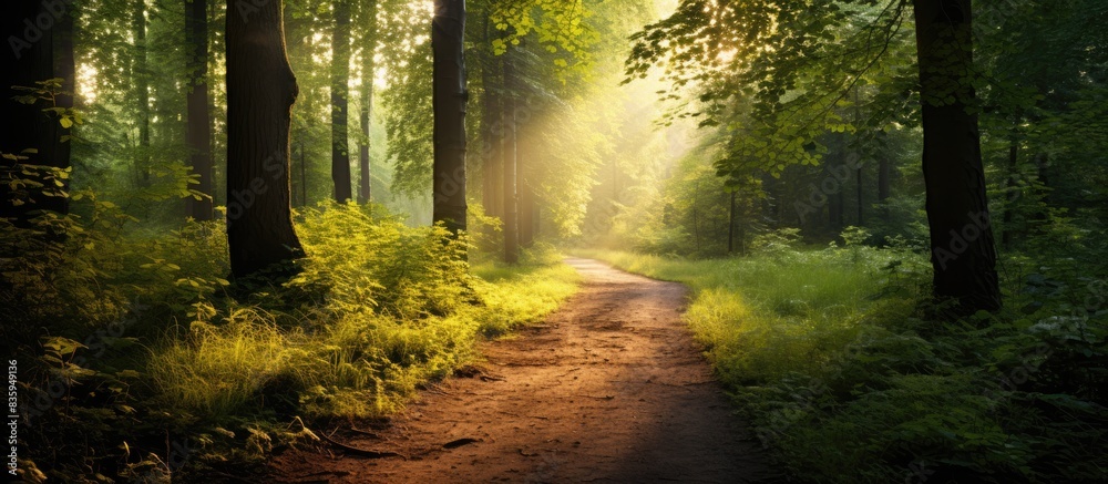 Lane running through the spring deciduous forest at dawn. Creative banner. Copyspace image