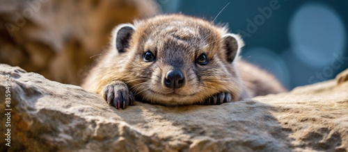 A hyrax sitting under a rock. Creative banner. Copyspace image photo