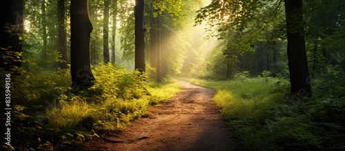Lane running through the spring deciduous forest at dawn. Creative banner. Copyspace image