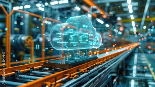Industrial cloud computing hologram over machinery concept