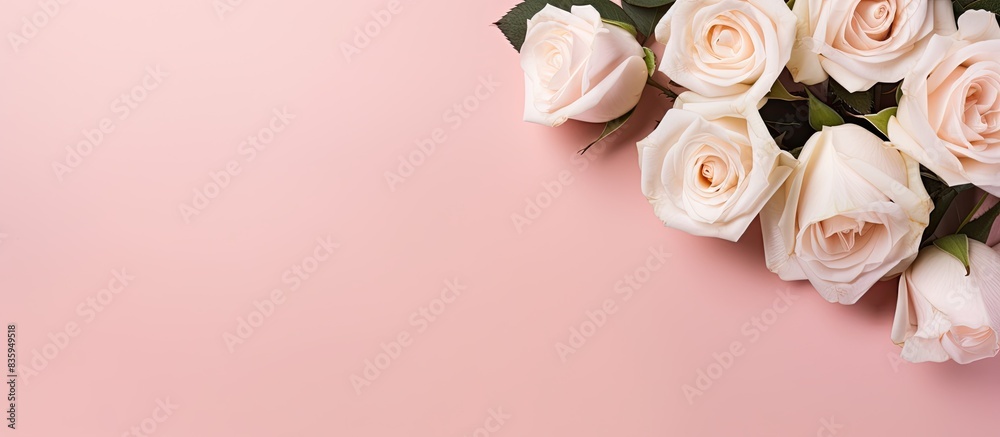 Blank white paper bouquet of light beautiful cream roses on pastel pink background Festive flower composition Top view flat lay. Creative banner. Copyspace image