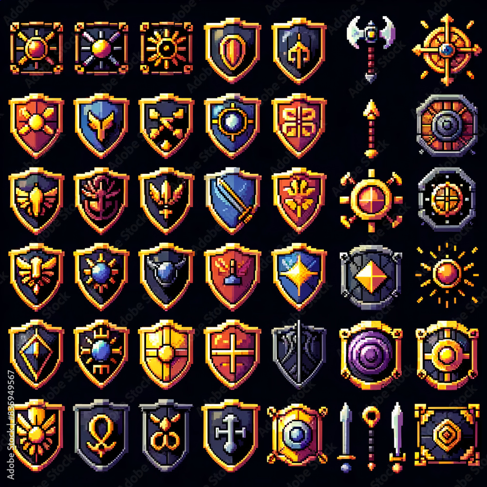 Pixel art RPG golden shields collection Pixel art RPG golden shields collection