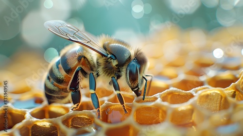 A closeup shot of an bee working on honeycomb, with blurred background of beehive and pastel bokeh lights. The focus is sharp on the worker's face.