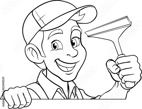 A window cleaner or car wash cleaning cartoon mascot man holding a squeegee washing tool