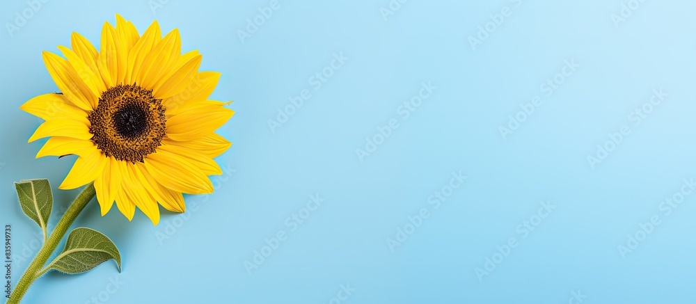 Obraz premium Sunflower light blue background yellow flower. Creative banner. Copyspace image