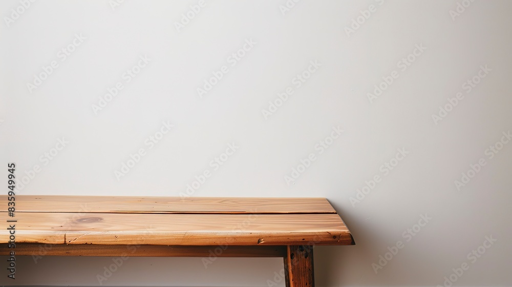 Minimalist entryway, close-up on a simple wooden bench against a plain white wall. Minimalist entryway, close-up on a simple wooden bench against a plain white wall.