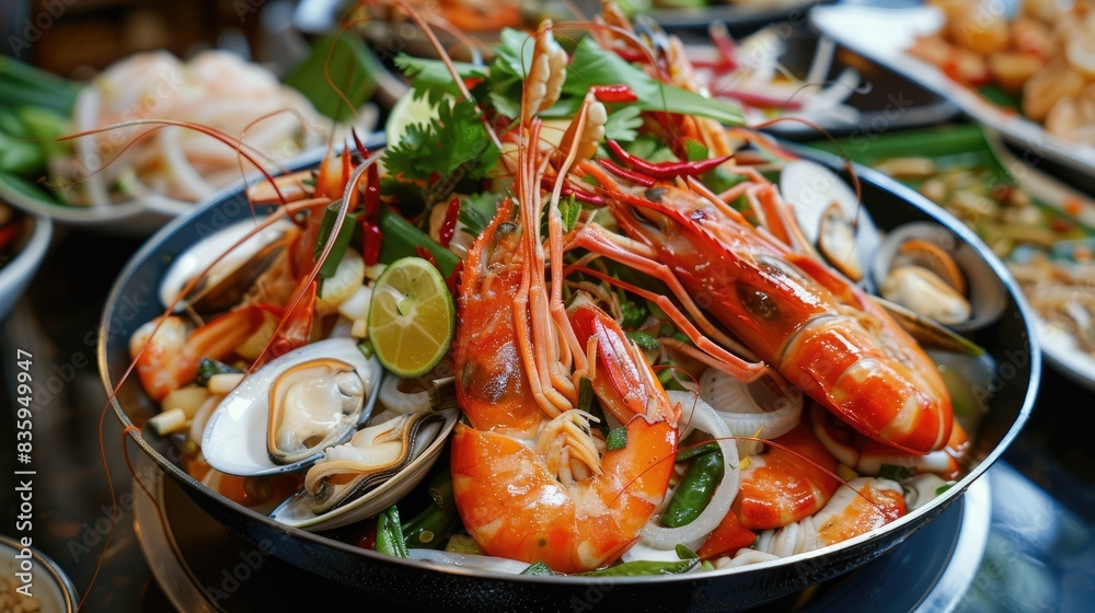 A spicy seafood som tam talay ruam with prawns, squid, and mussels, served with fresh vegetables. A spicy seafood som tam talay ruam with prawns, squid, and mussels, served with fresh vegetables.