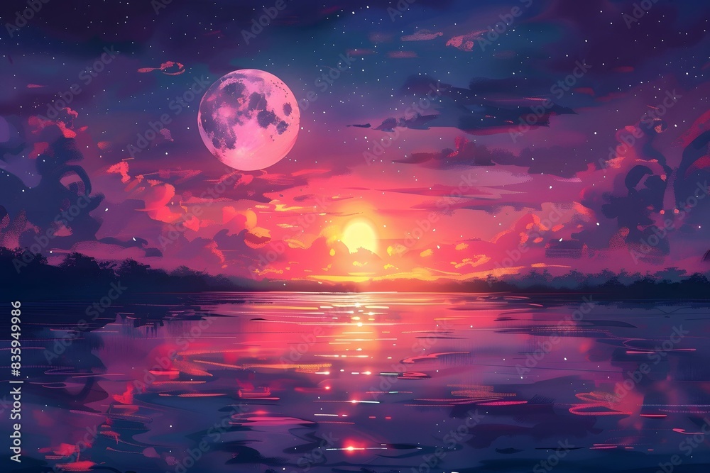 fantasy landscape sunset lake moon night sky fantasy landscape sunset lake moon night sky
