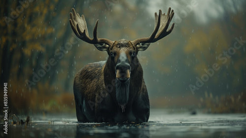 Front View of Male Moose with Antlers Wading in Forest River