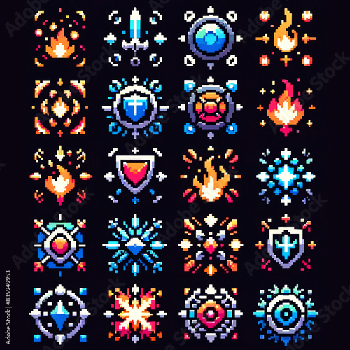 Pixel Art RPG Icons Set with Swords Shields and Fire Magic