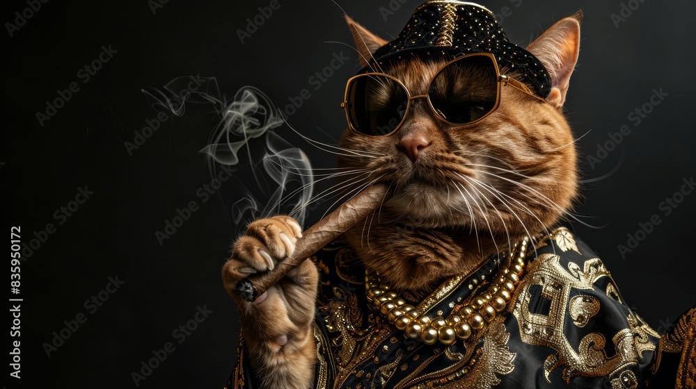 Fototapeta premium Cat wearing sunglasses, smoking a cigar, and a gold necklace The cat wore a black hoodie and had a gold chain around her neck. The background is also black.