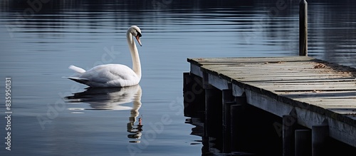 Fototapeta Naklejka Na Ścianę i Meble -  A swan under the dock in search of food. Creative banner. Copyspace image