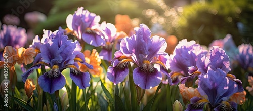 Bright beautiful flowers irises in the garden closeup. Creative banner. Copyspace image