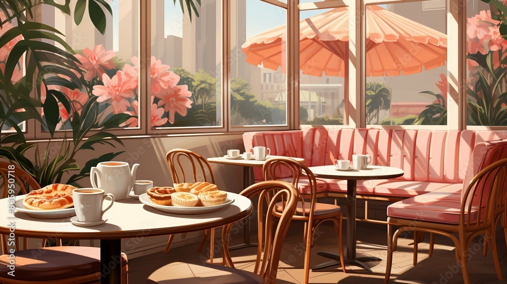 Fototapeta premium Cozy cafe ambiance with patrons enjoying cups of coffee and slices of freshly baked pie, a comforting escape from the hustle and bustle. Painting Illustration style, Minimal and Simple,